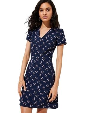 LOFT Navy Pink Leaf Print V Neck Puff Short Sleeve Fit & Flare Dress (2)